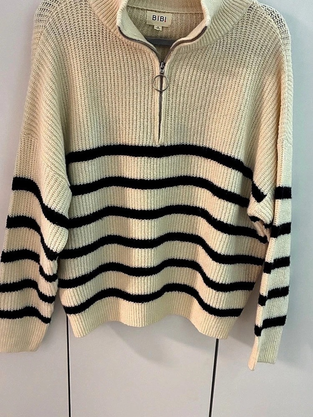 Bibi Striped Quarter-Zip Sweater in Cream & Black Small. New without tags